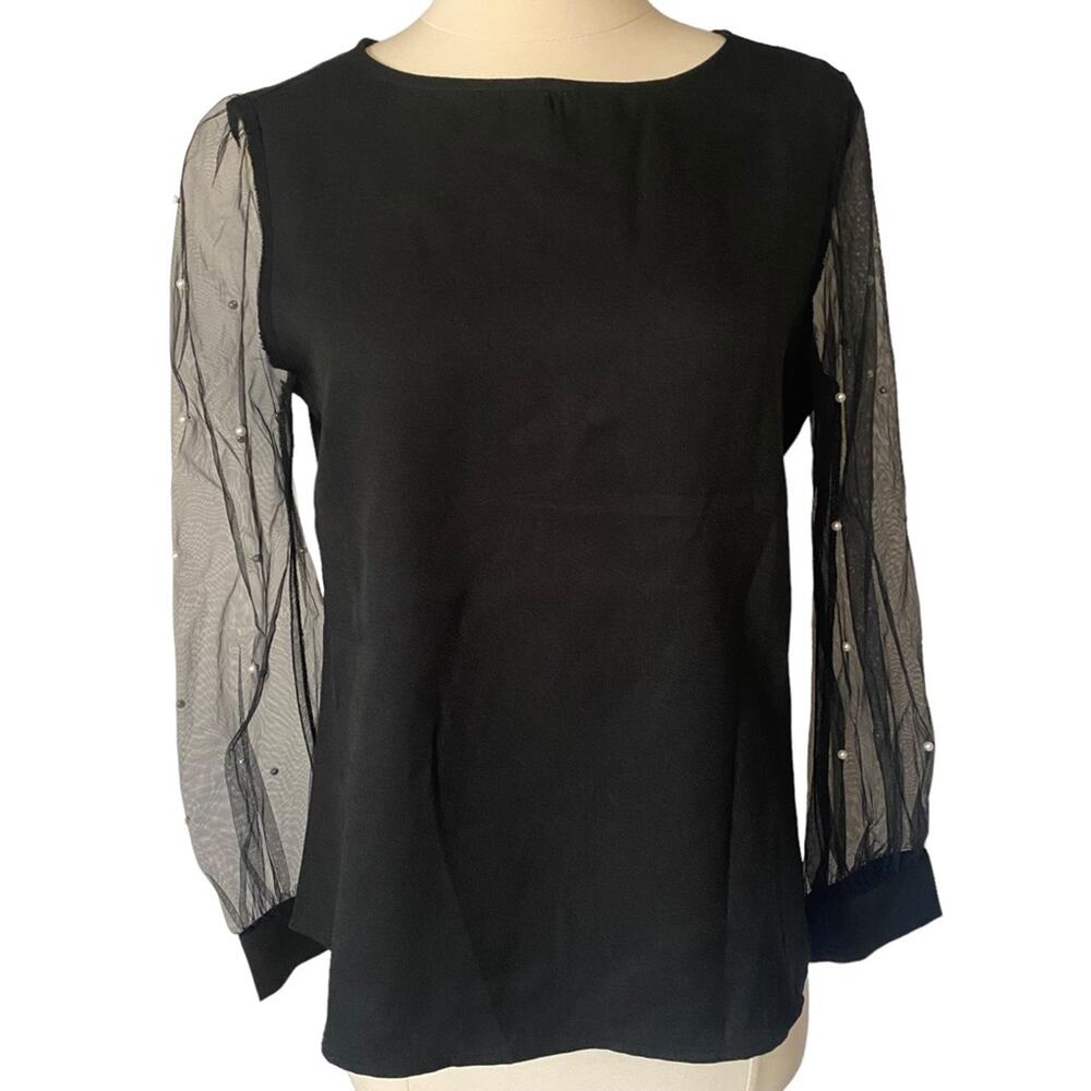 H&M Black Long Sleeve Blouse Top Mesh w Beaded Pearls Sz Small